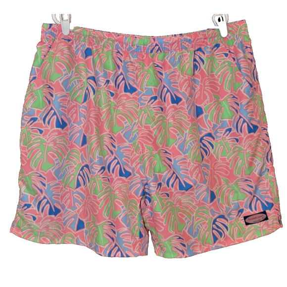 Vineyard Vines Swim Shorts Mens 2XL Pink Tropical Palm Leaf Mesh Lined Trunk - Picture 1 of 8